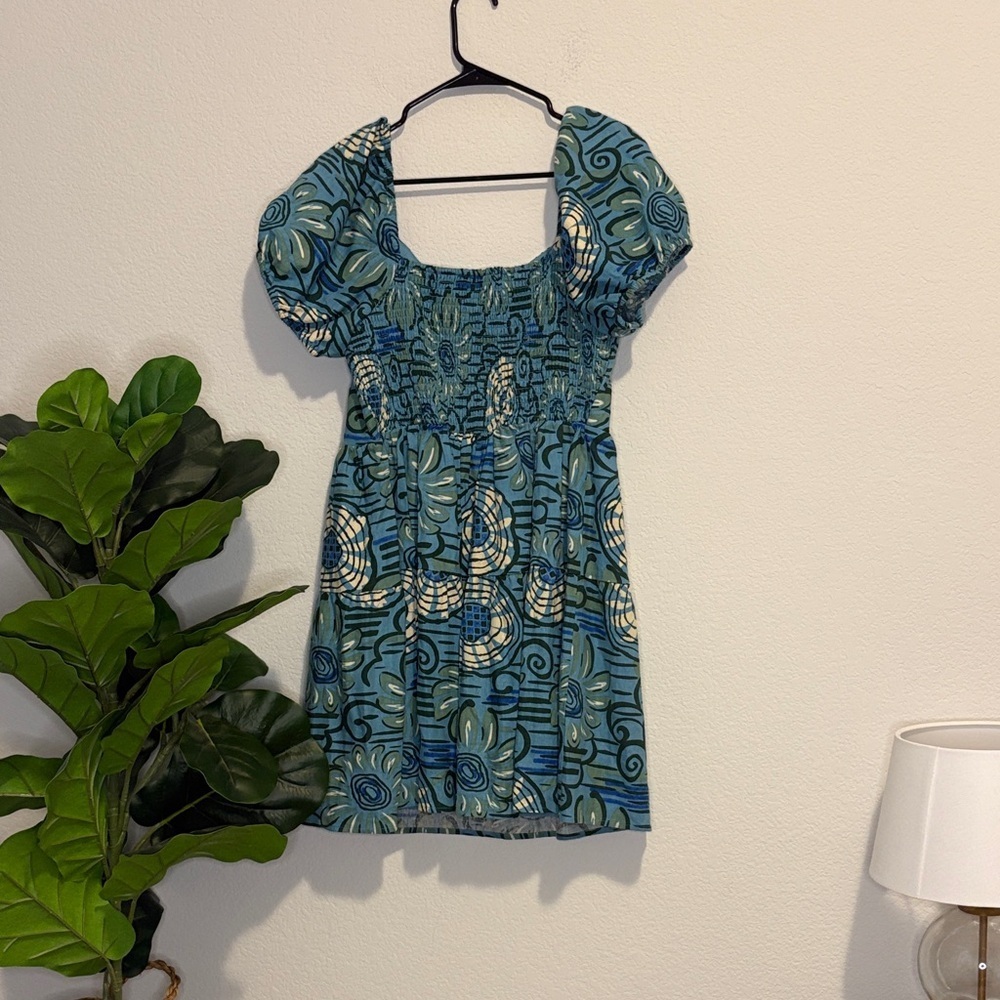 House of Harlow 1960 L blue and Green Abstract Patterned puff sleeve Mini Dress - Picture 5 of 6